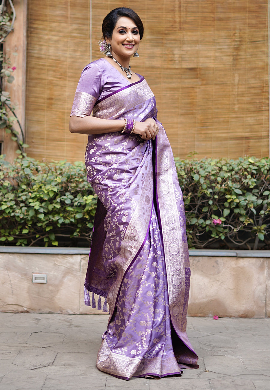 Lavender Banarasi Satin Silk Zari Banarasi Saree Panetar Saree Anant Tex Exports Pvt.Ltd..