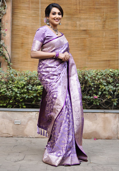 Lavender Banarasi Satin Silk Zari Banarasi Saree Panetar Saree Anant Tex Exports Pvt.Ltd..