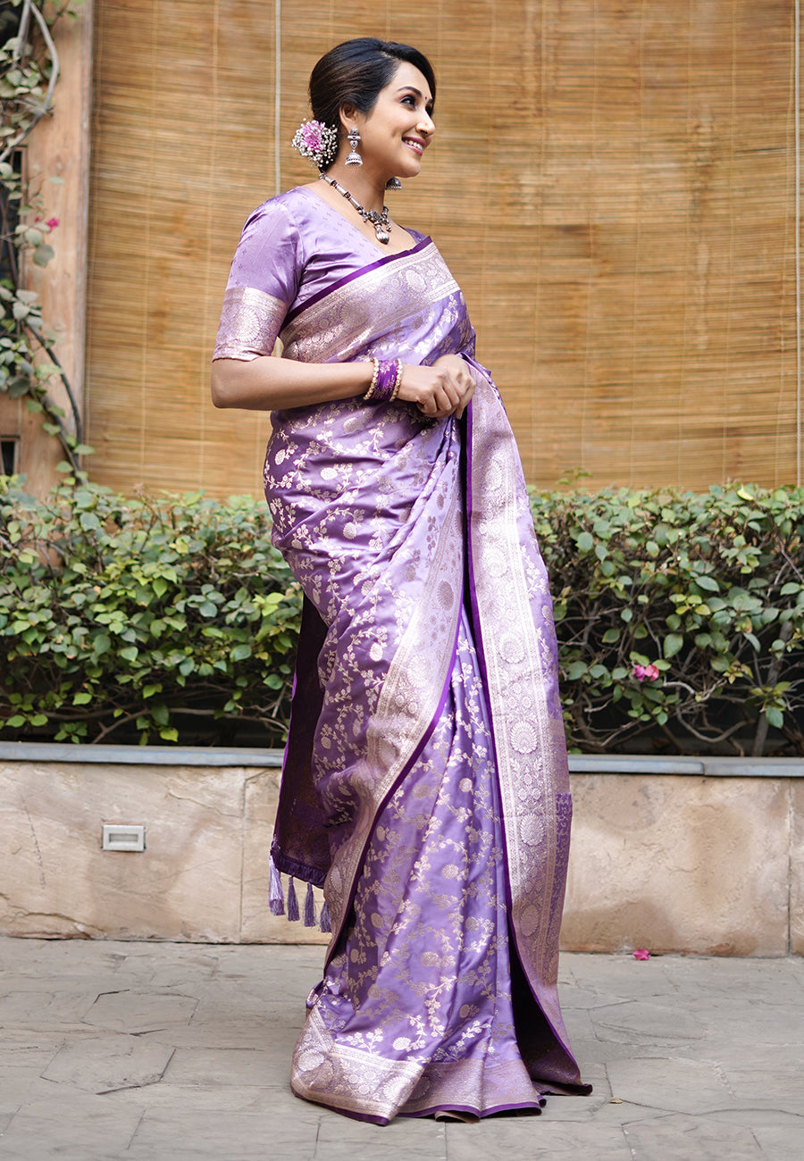 Lavender Banarasi Satin Silk Zari Banarasi Saree Panetar Saree Anant Tex Exports Pvt.Ltd..