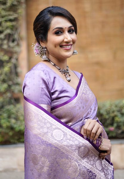 Lavender Banarasi Satin Silk Zari Banarasi Saree Panetar Saree Anant Tex Exports Pvt.Ltd..