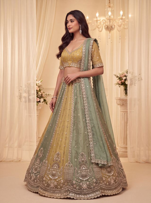 Multi Pure Soft Satin Silk Heavy Beads Motif Zari Embroidery Sequins Work Bridal Lehenga Choli
