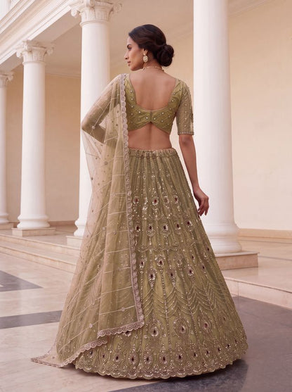 Chicku Pure  Fendi Tussaud Silk Crystal Beads work Multi Thread Dori and Sequins Work Sequins Work Bridal Lehenga Choli