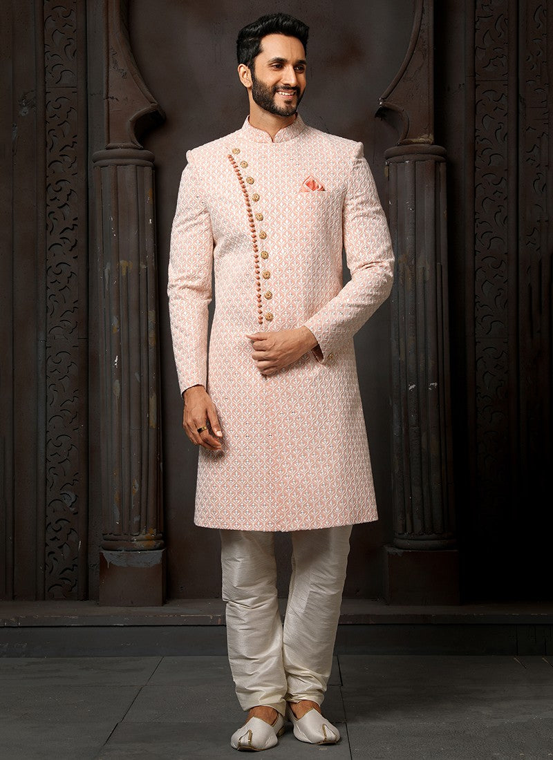 Dark Peach and Cream Colour Wedding Wear Sherwani Suit D.No.1741 Anant Tex Exports Private Limited