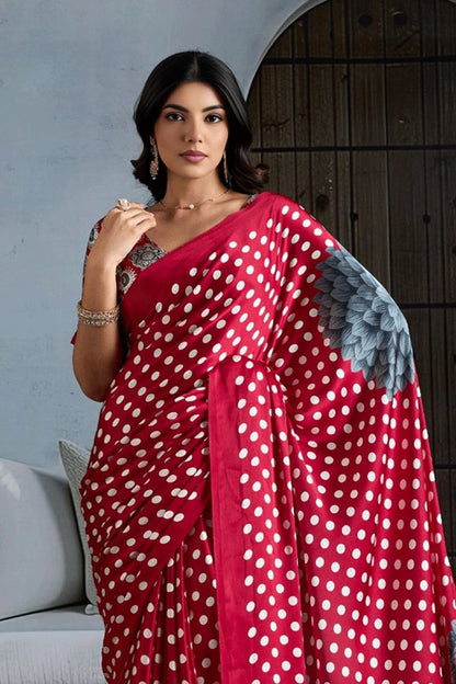 Red Pure Modal Satin Ajrakh Print Satin Saree Japan Satin Saree Anant Tex Exports Pvt.Ltd..