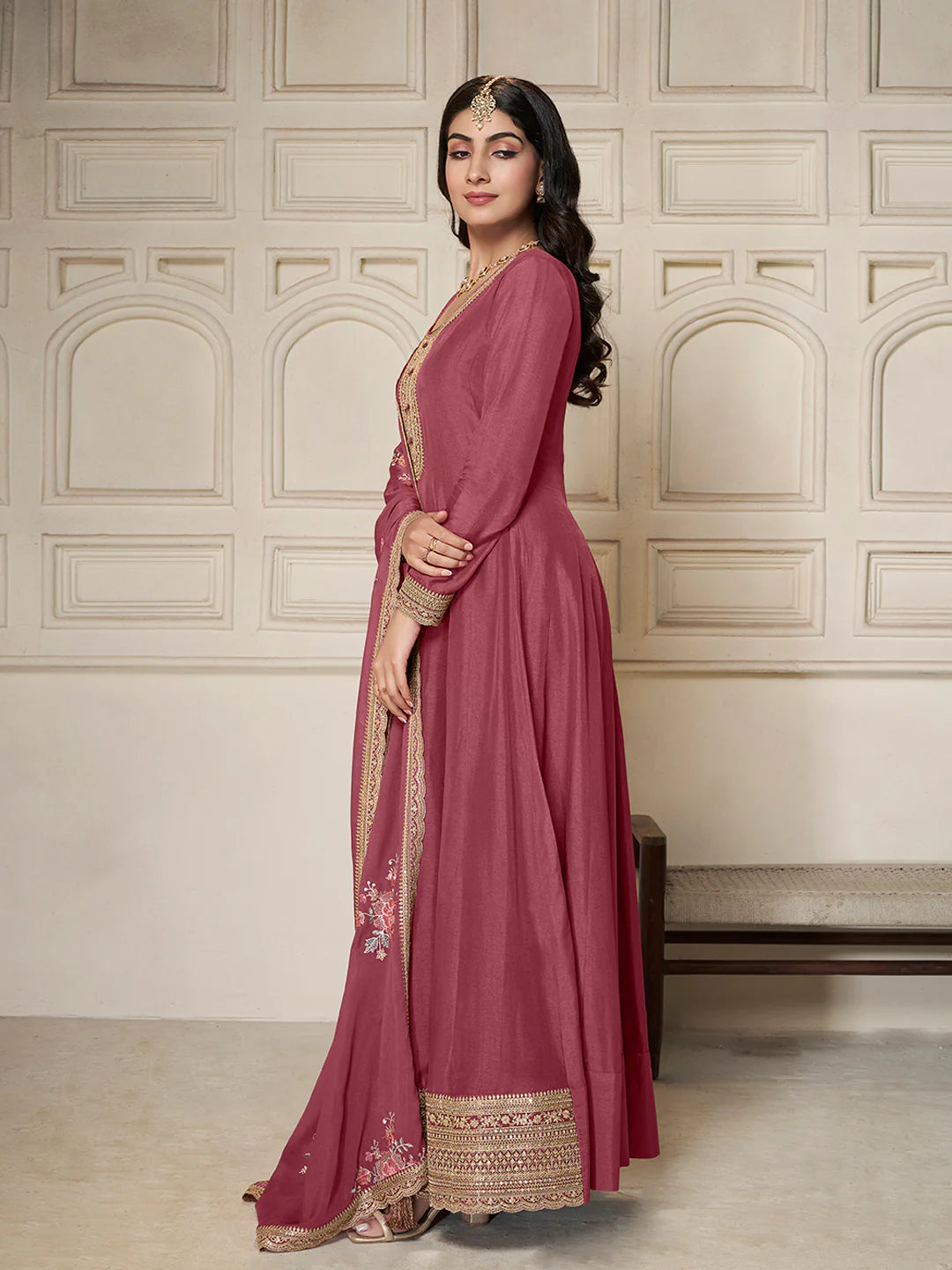 Wine Dola Silk Anarkali Suit with Heavy Sequins Hand Embroidery