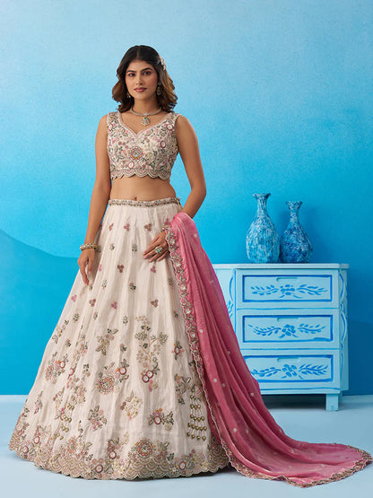 Cream &amp; Pink Lehenga Choli with Embroidered Dupatta