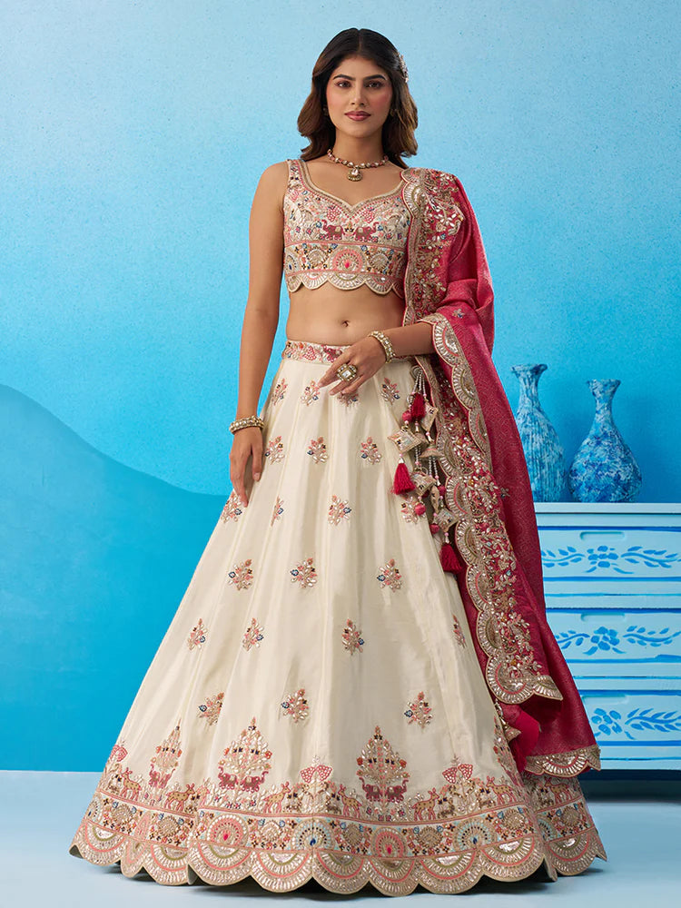 Cream Tissue Lehenga Choli with Rani Dupatta