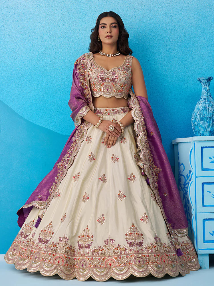 Cream &amp; Purple Lehenga Choli with Jacquard Dupatta