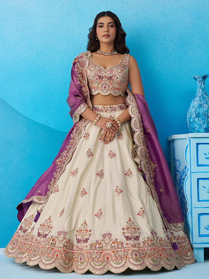 Cream &amp; Purple Lehenga Choli with Jacquard Dupatta