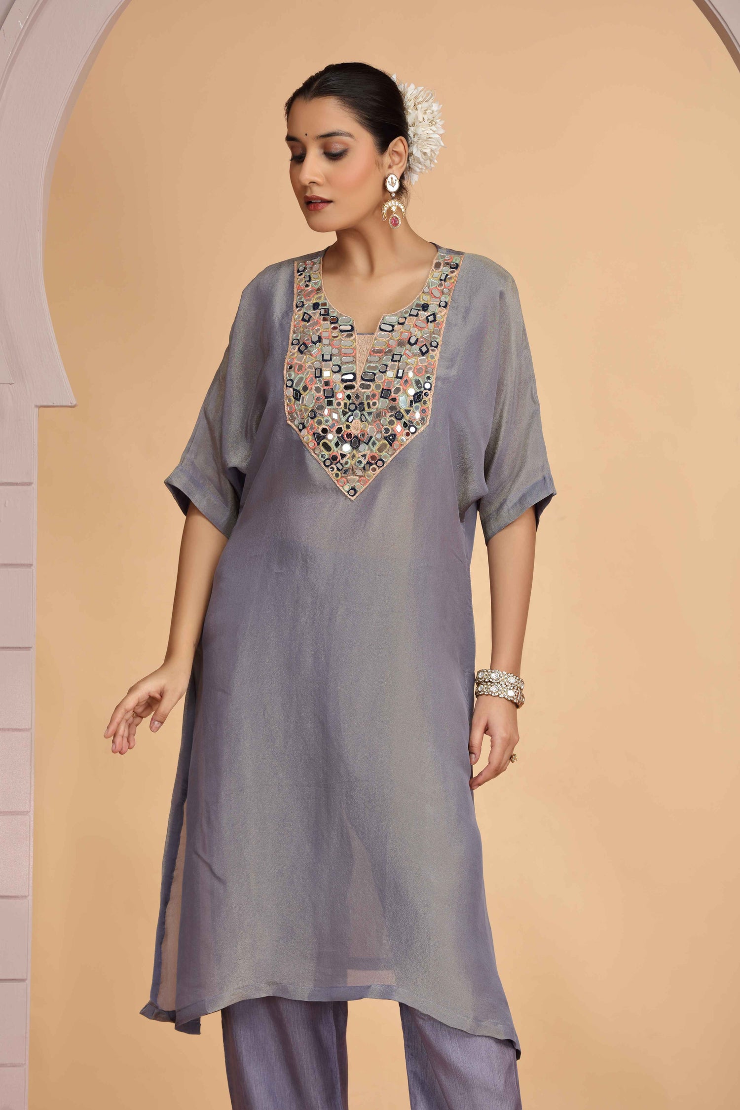 Grey Organza Shimmer A-Line Kurta with Loose Pant Set Kurta Set Anant Tex Exports Pvt.Ltd..