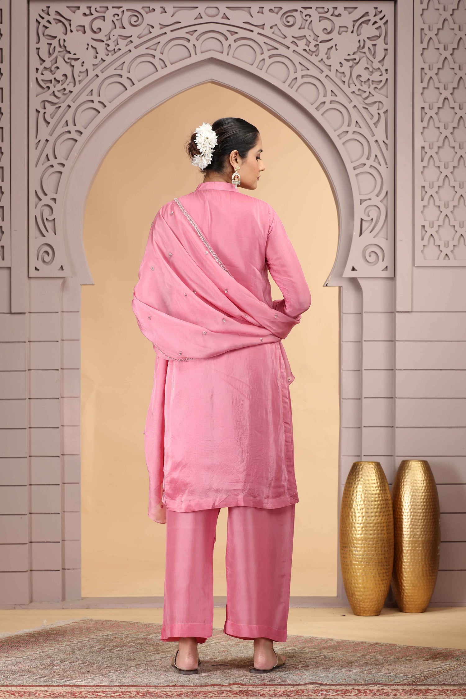Pink Satin Silk Straight Suit with Farsi Pant &amp; Chiffon Dupatta Straight Suit Anant Tex Exports Pvt.Ltd..