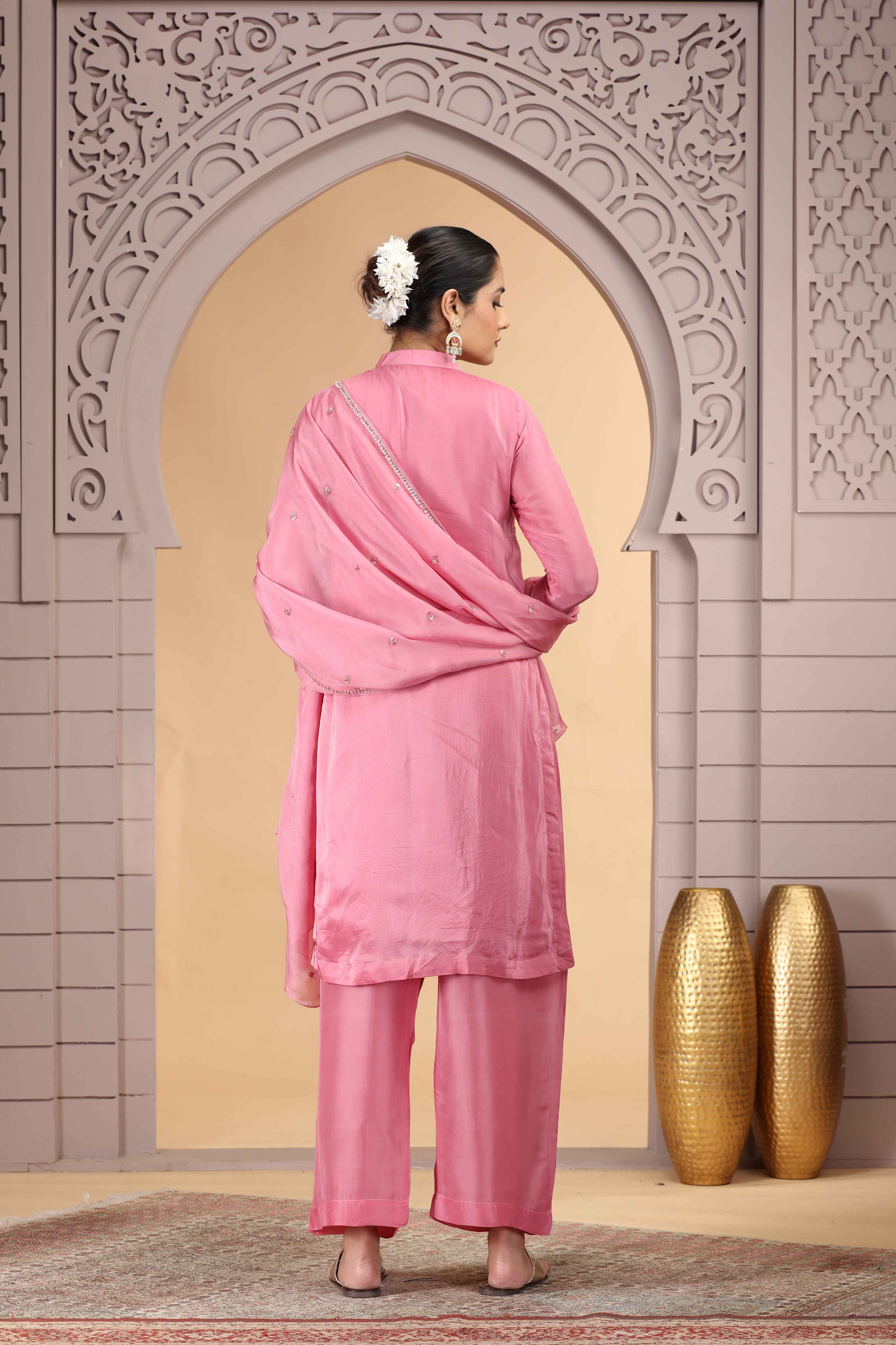 Pink Satin Silk Straight Suit with Farsi Pant &amp; Chiffon Dupatta Straight Suit Anant Tex Exports Pvt.Ltd..