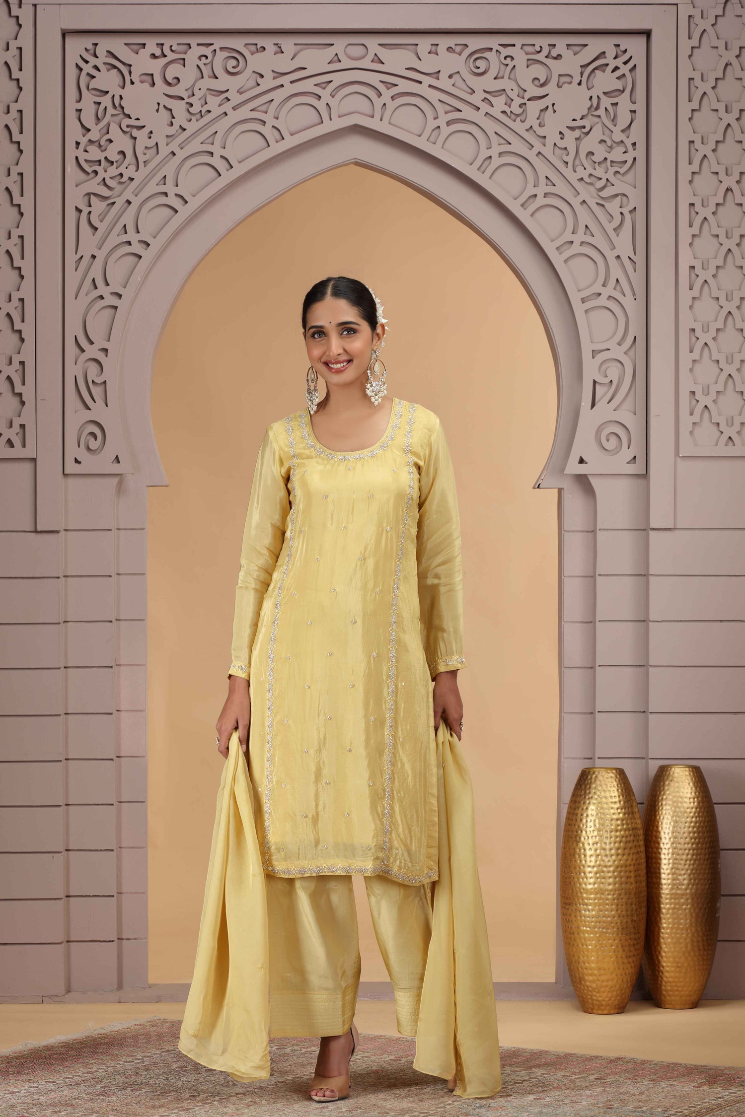 Yellow Satin Silk Straight Suit with Farsi Pant &amp; Chiffon Dupatta Straight Suit Anant Tex Exports Pvt.Ltd..