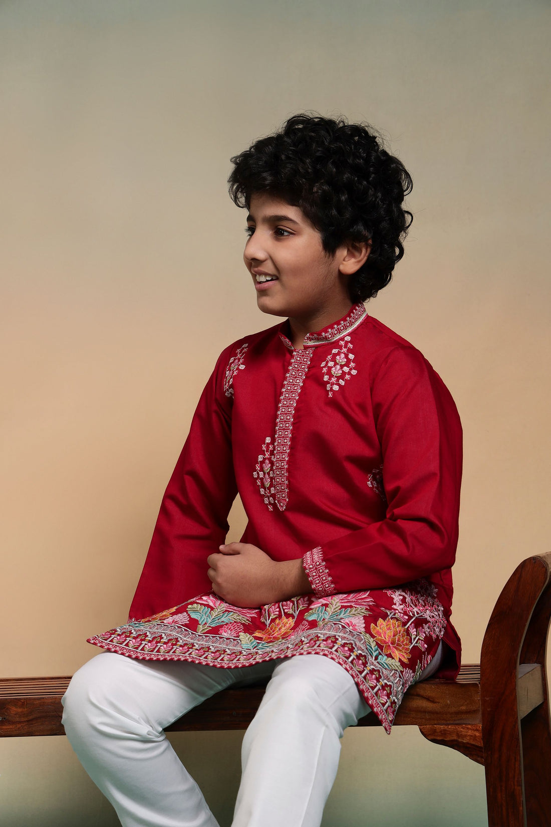 Red Pure Viscose Silk Kids Boy Kurta Pajama 
