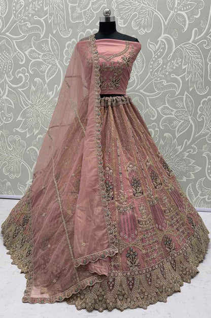 Pink Pure Soft Heavy Net Fancy Embroidery Work Bridal Lehenga Choli