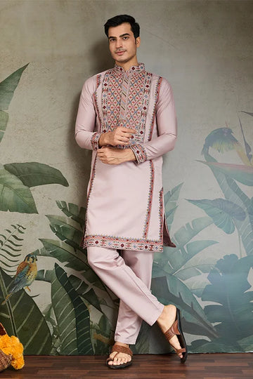 Dusty Pink Silk Embroidered Kurta Pajama for Men