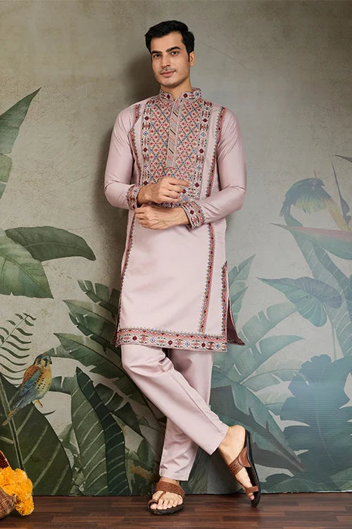 Dusty Pink Silk Embroidered Kurta Pajama for Men