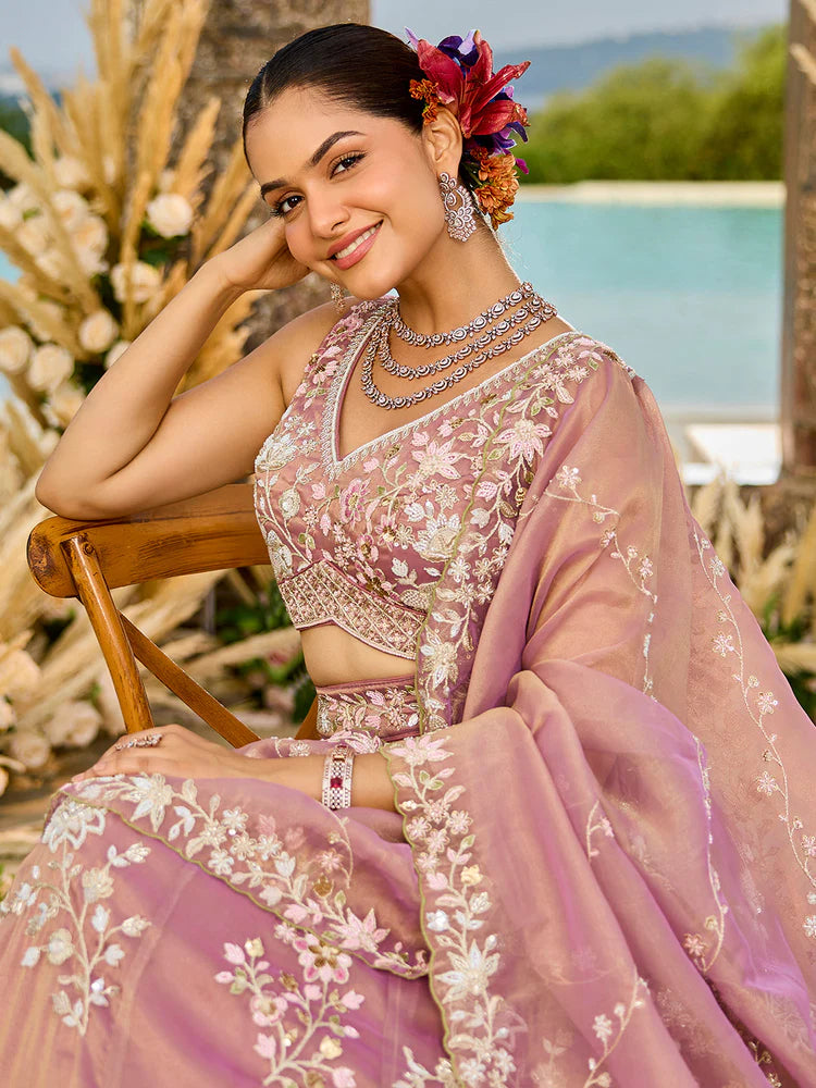 Dusty Pink Tissue Lehenga Choli with Sequins Embroidery