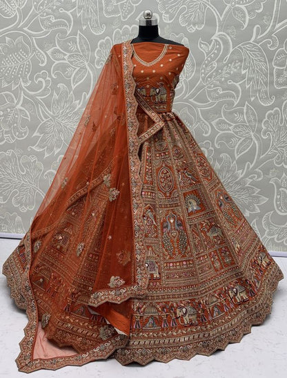 Orange Pure Soft Gadwal Silk Heavy Embroidery Work Bridal Lehenga 