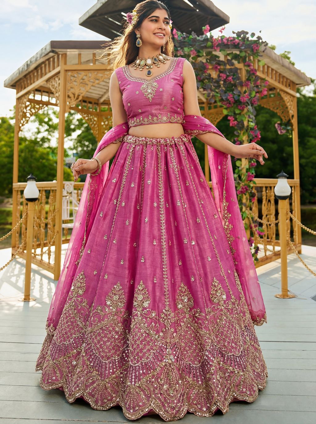 Pink Pure Soft Net Heavy Embroidery Work Bridal Lehenga