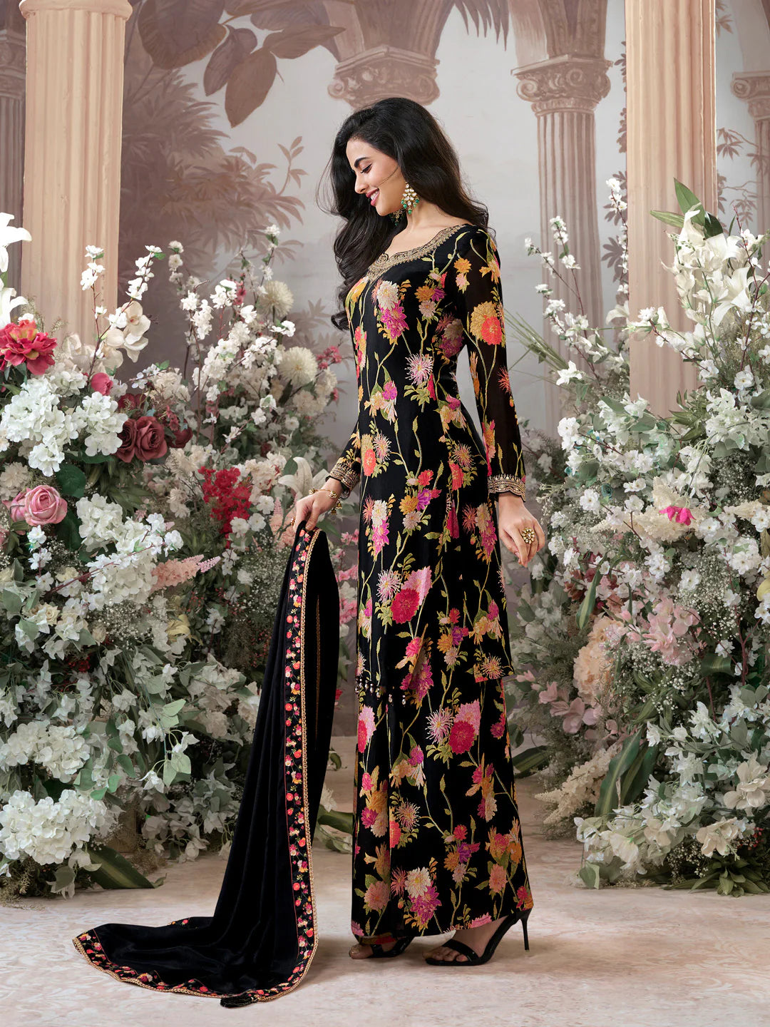 Premium Black Chinon Festive Sharara Outfit for Wedding Functions

