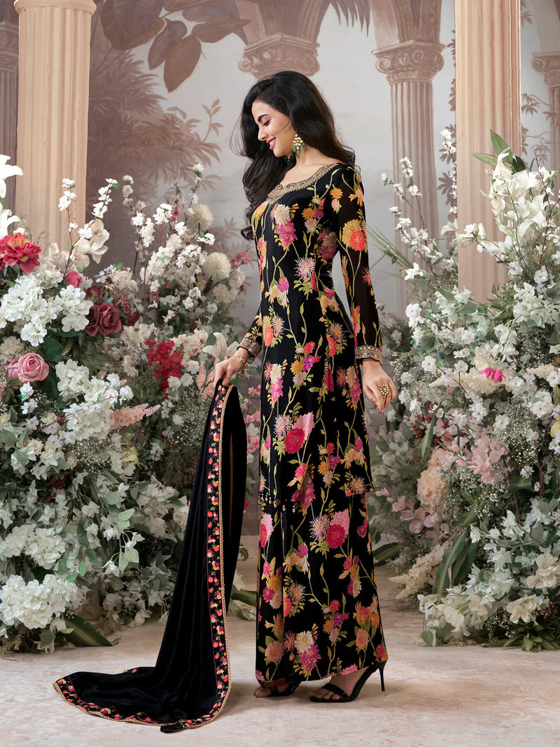 Premium Black Chinon Festive Sharara Outfit for Wedding Functions

