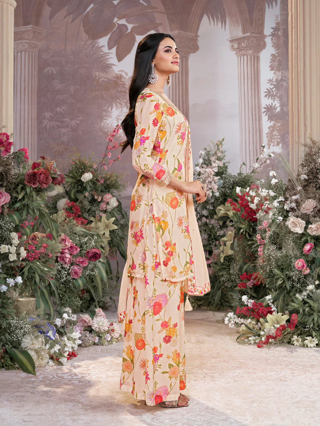 Traditional chinon sharara suit with floral dupatta border

