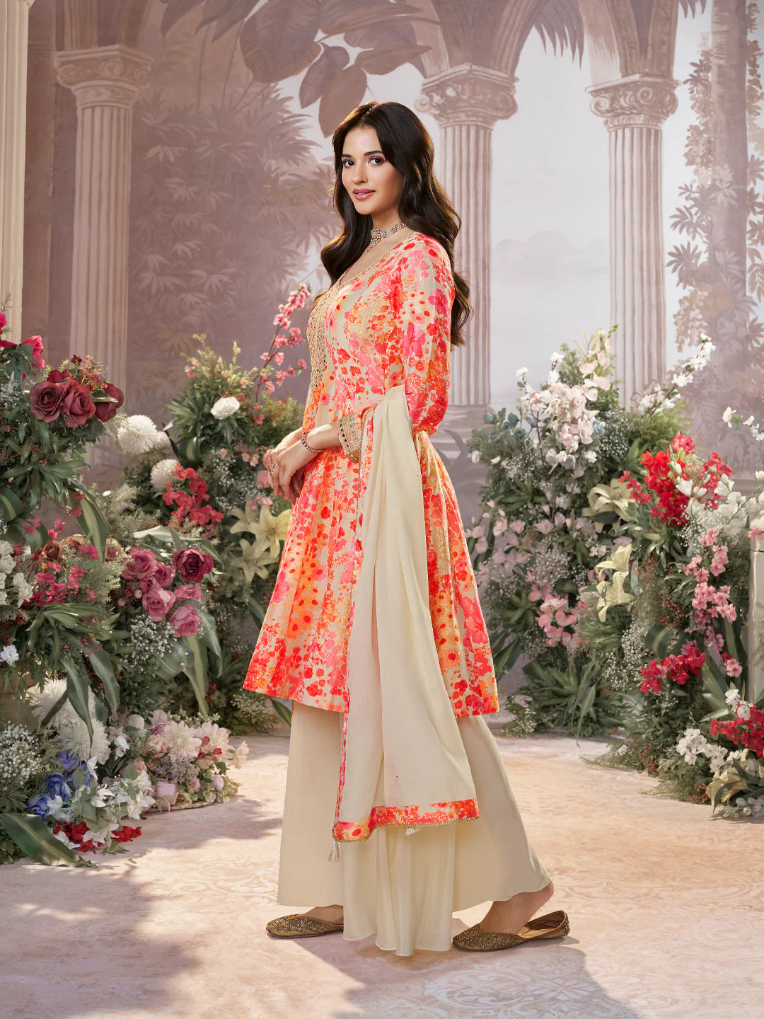 Party wear cream sharara suit with digital printed borders

