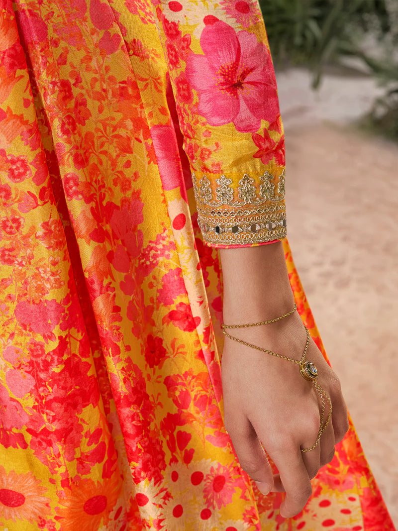 Party wear mustard silk sharara suit with embroidery neckline

