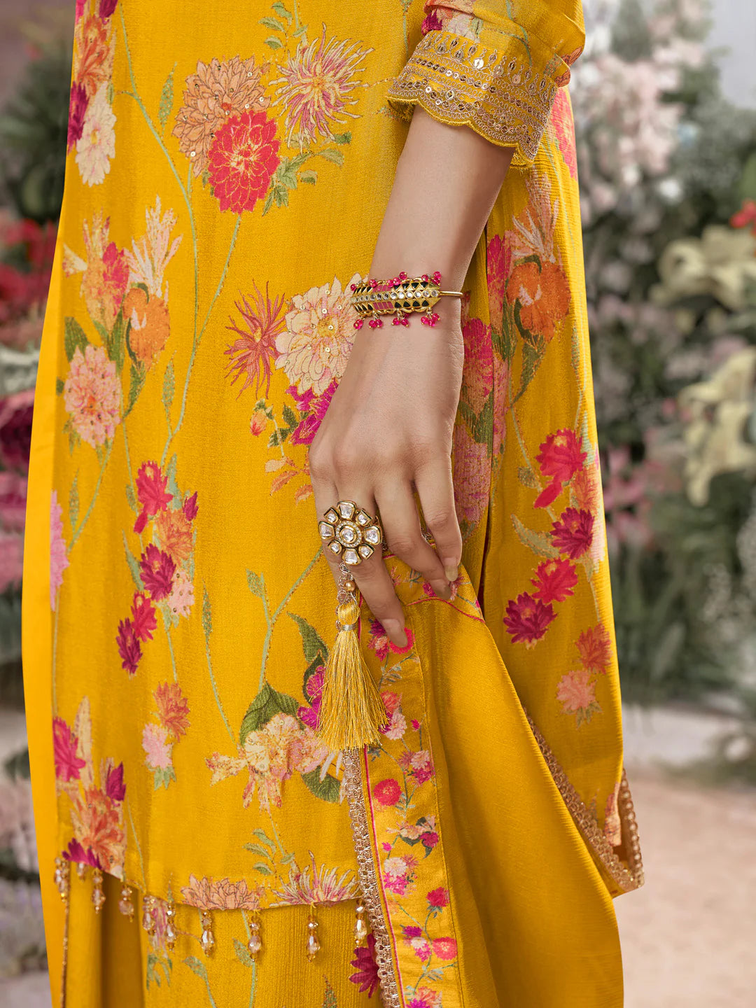 Elegant mustard floral sharara suit for weddings and haldi ceremonies

