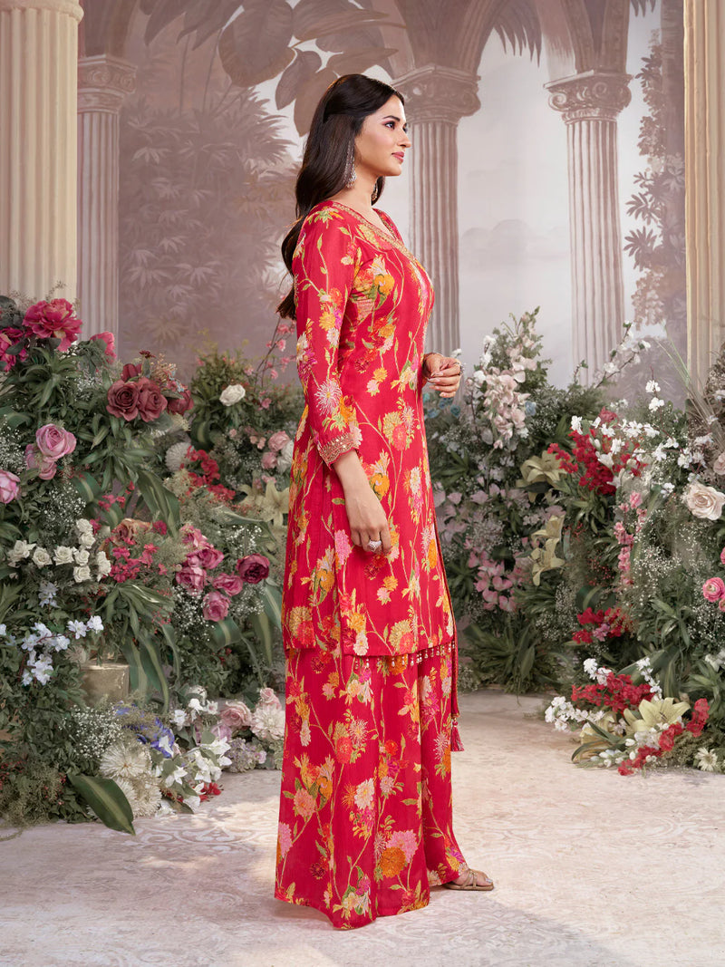 Elegant red floral sharara suit for parties and weddings

