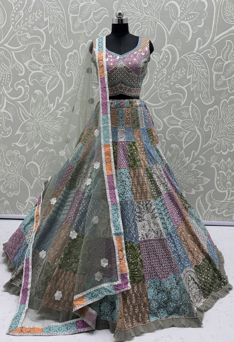 Multicolor Pure Soft Net Heavy Embroidery Work Bridal Lehenga