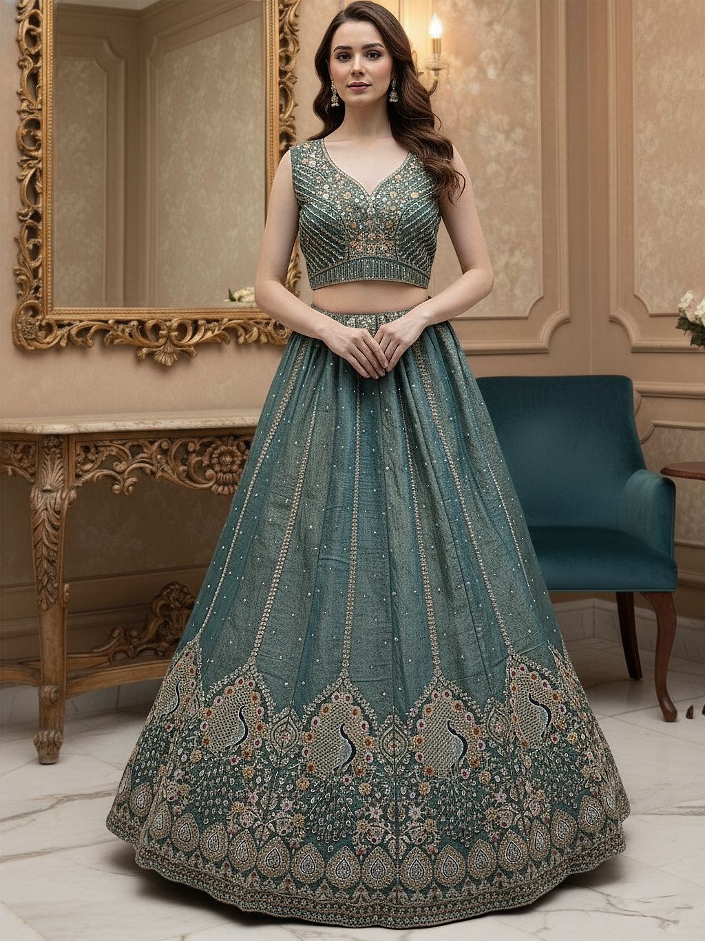 Grey Pure Soft Gadhwal Silk Heavy Embroidery Work Bridal Lehenga
