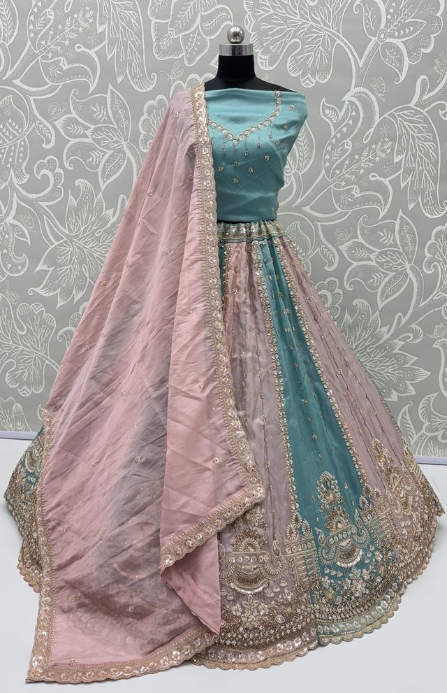 Multi Pure Soft Satin Silk Heavy Beads Motif Zari Embroidery Sequins Work Bridal Lehenga Choli