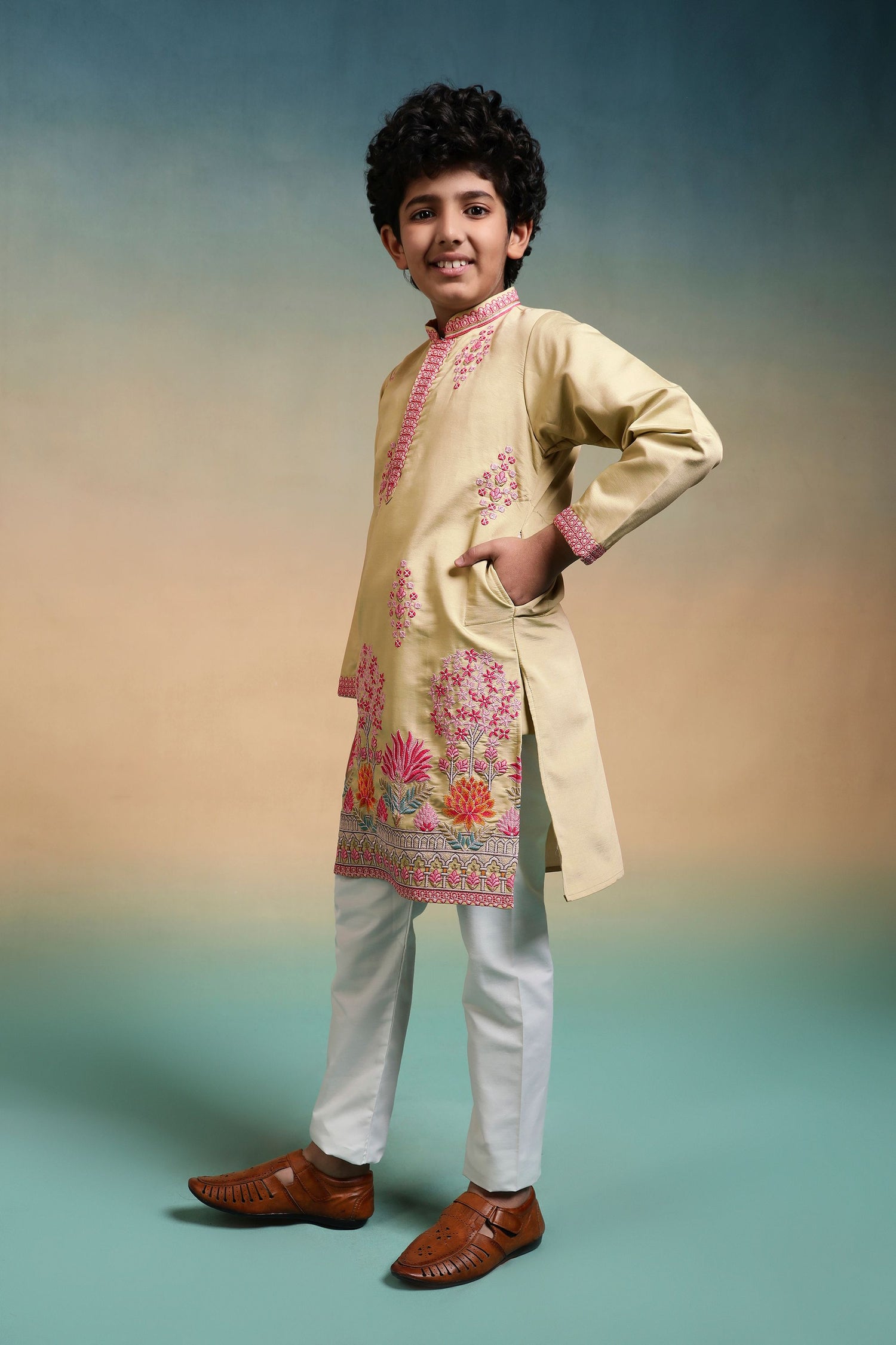 Yellow Pure Viscose Silk Kids Boy Kurta Pajama 