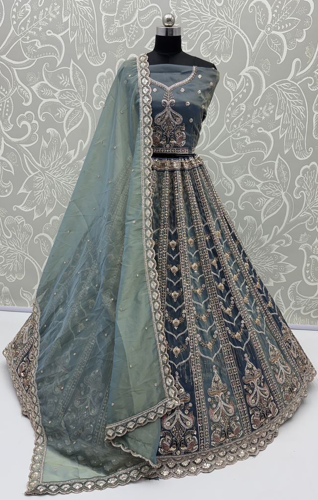 Teal Blue Pure Chandnia Silk Handwork Motif Peacock Pattern Crystal Beads Multi Thread Dori and Sequins Work Bridal Lehenga Choli