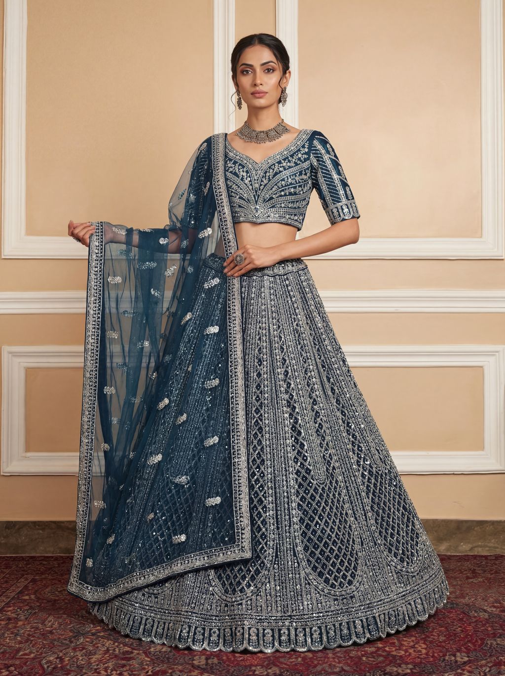 Rama Blue Pure Soft Net Heavy Embroidery Work Bridal Lehenga