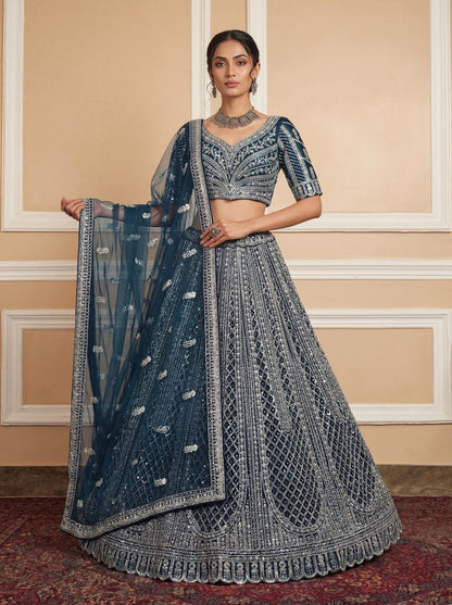 Rama Blue Pure Soft Net Heavy Embroidery Work Bridal Lehenga