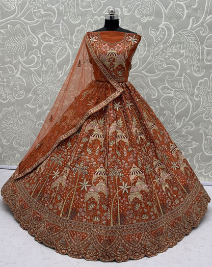 Orange Pure Soft Silk Heavy Embroidery Work Bridal Lehenga 