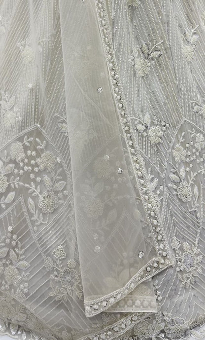 White Pure Heavy Net Motif Handwork Zari Sequins Work Bridal Lehenga Choli