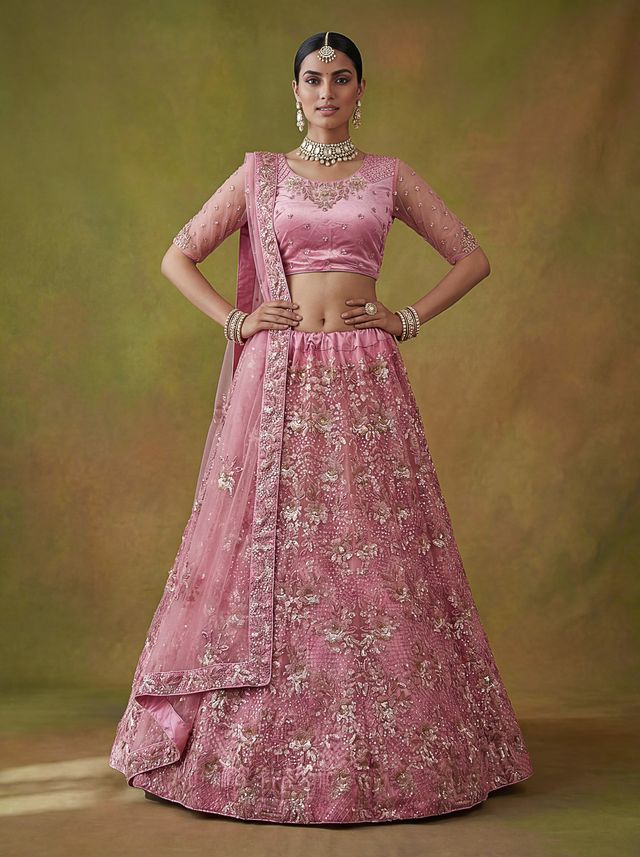 Pink Pure Soft Heavy Net Sequins Embroidery Work Bridal Lehenga Choli 