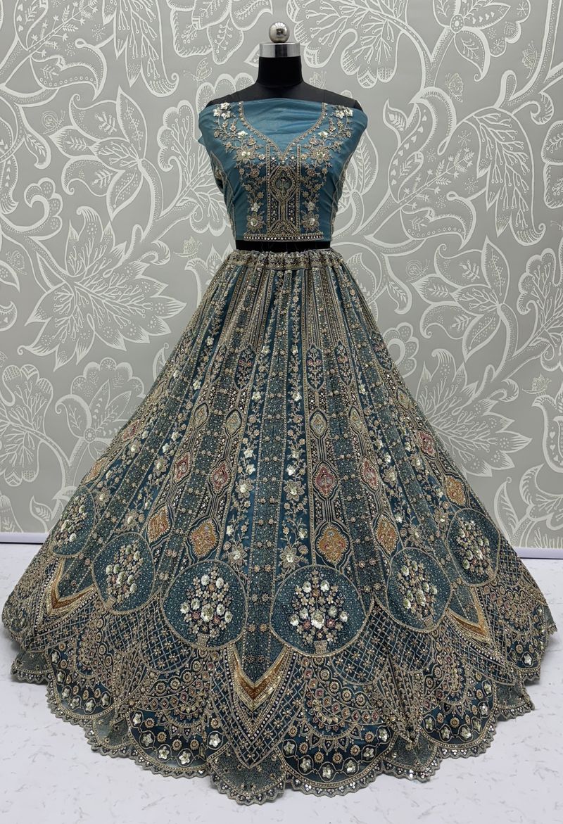 Firozi Pure Soft Orgenza Sequins Work Bridal Lehenga Choli