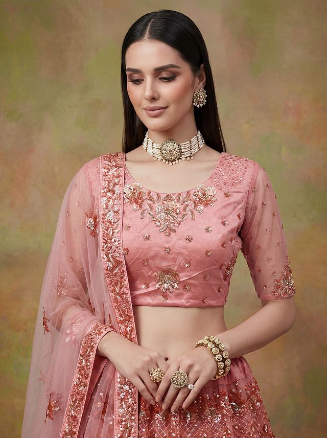 Peach Pink Pure Soft Heavy Net Sequins Embroidery Work Bridal Lehenga 