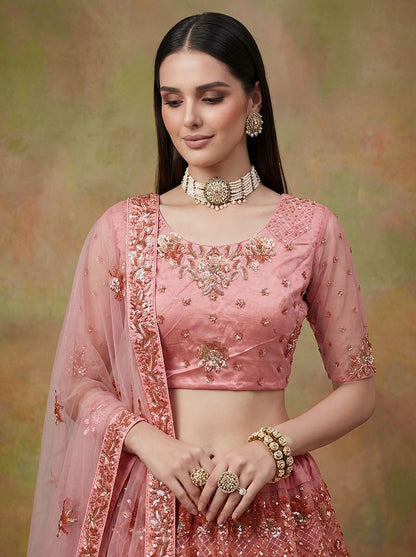 Peach Pink Pure Soft Heavy Net Sequins Embroidery Work Bridal Lehenga 