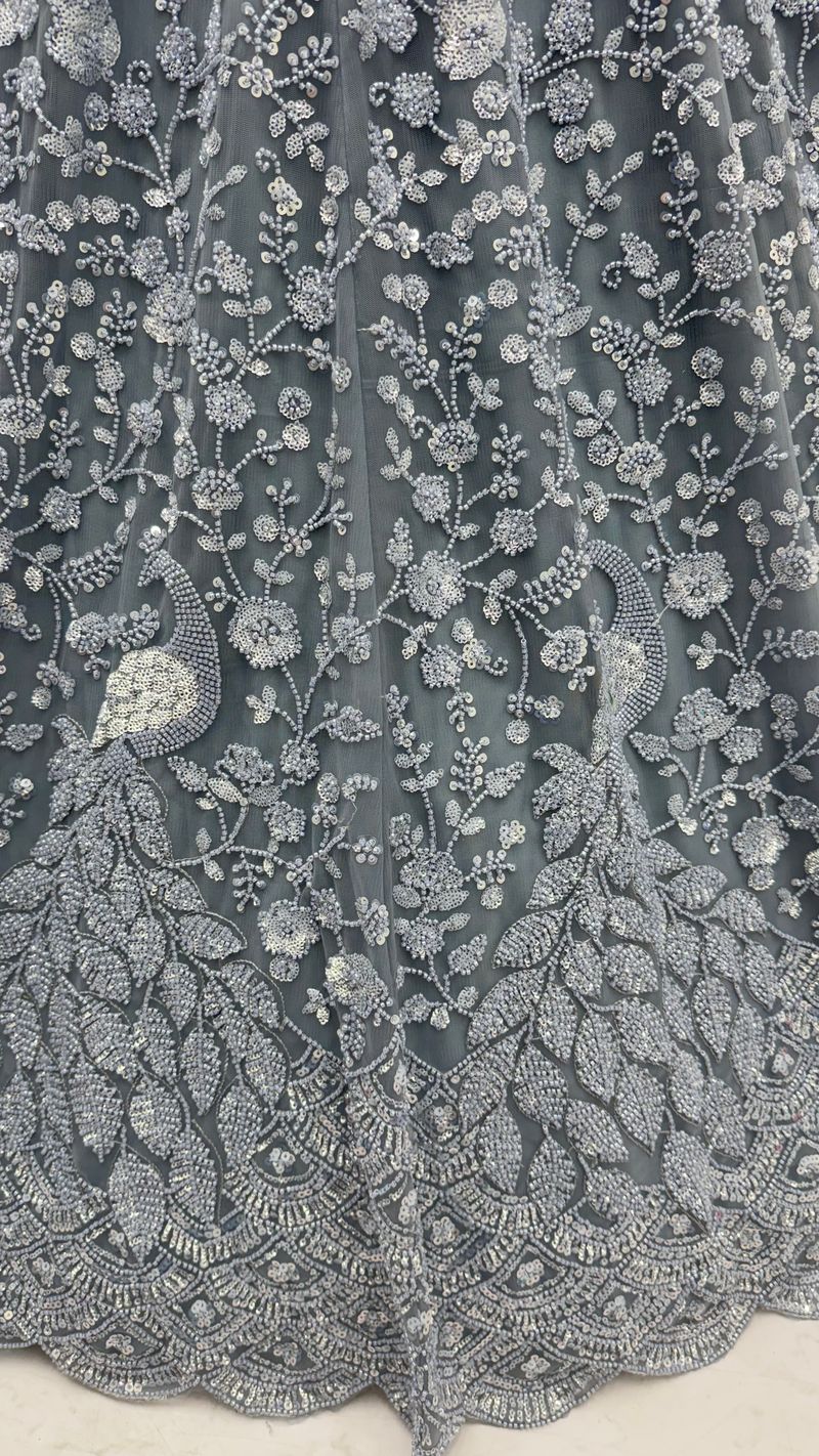 Grey Pure Heavy Net Monochrome Sequins Zari Embroidery Work Net Bridal Lehenga Choli