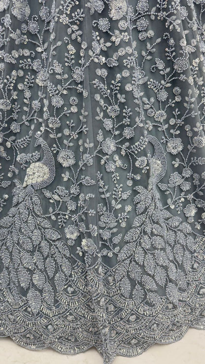 Grey Pure Heavy Net Monochrome Sequins Zari Embroidery Work Net Bridal Lehenga Choli