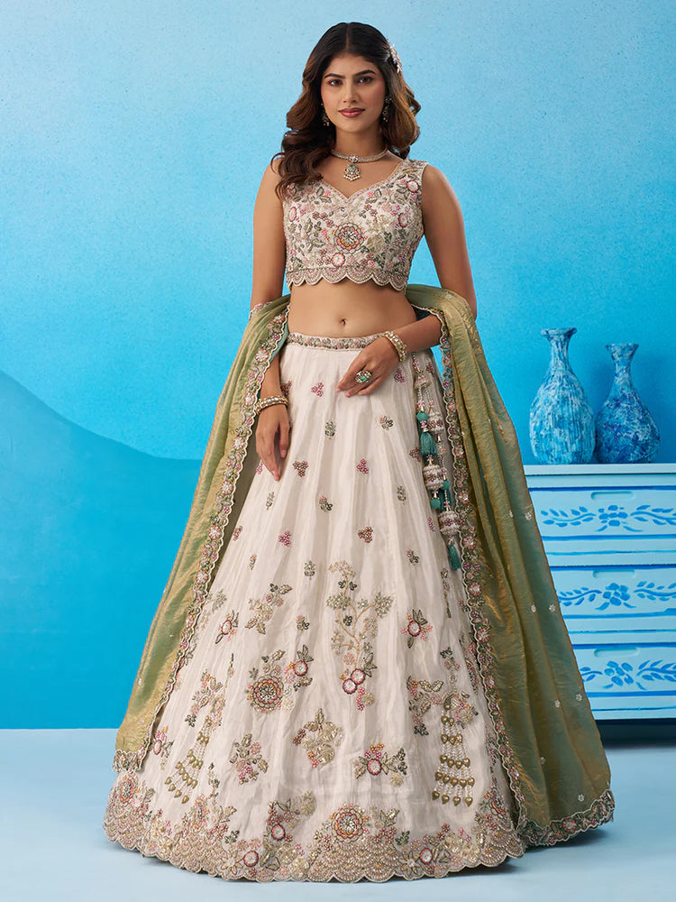 Cream &amp; Green Lehenga Choli with Embroidered Dupatta