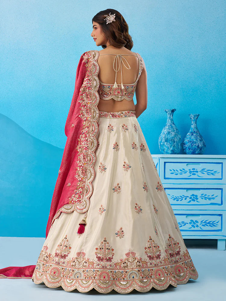 Cream Tissue Lehenga Choli with Rani Dupatta