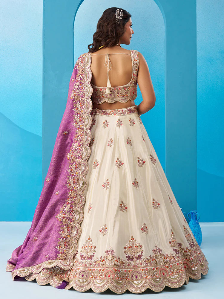 Cream &amp; Purple Lehenga Choli with Jacquard Dupatta