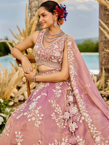 Dusty Pink Tissue Lehenga Choli with Sequins Embroidery